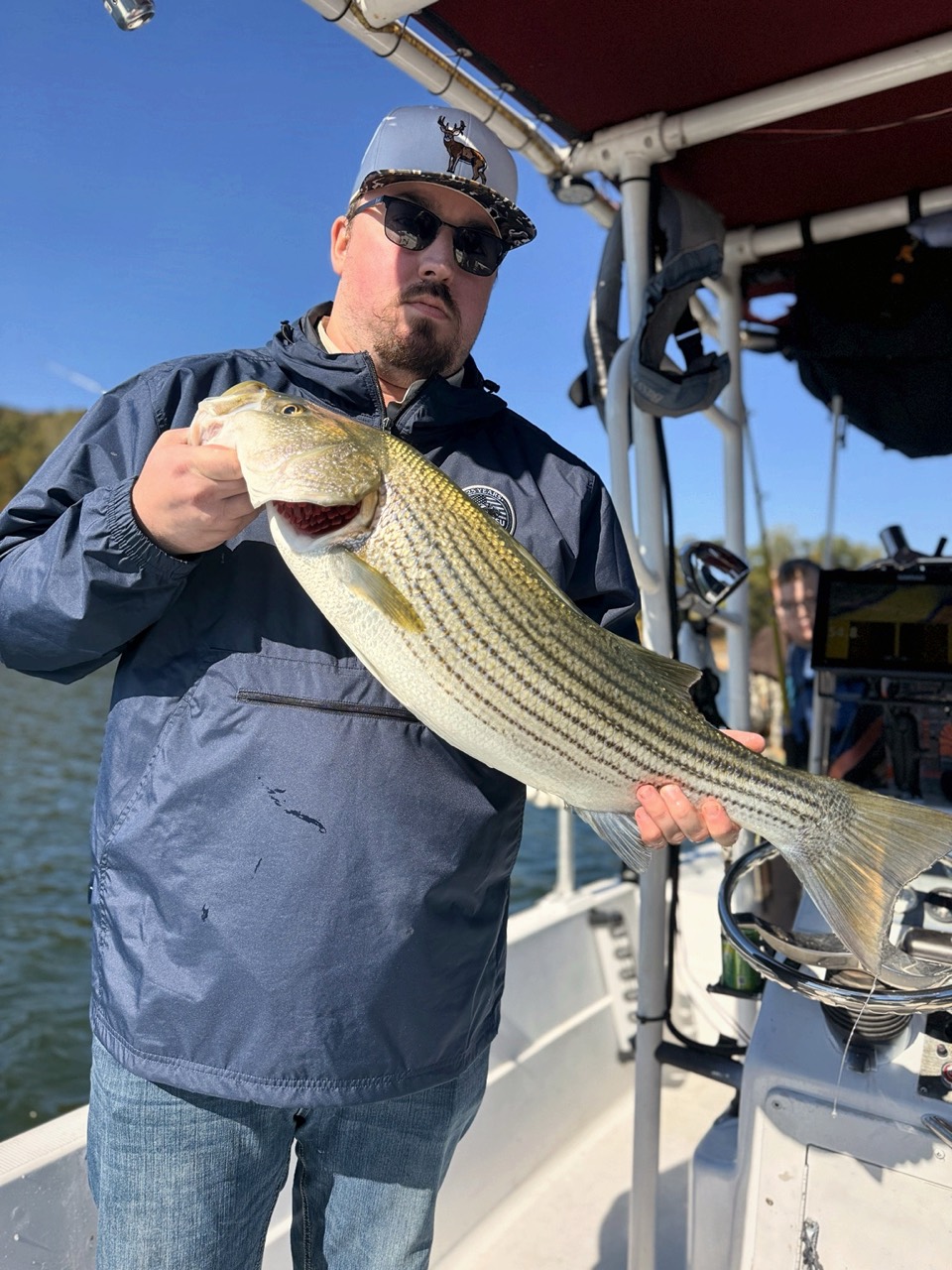 Lake Lanier Striper Fishing Report – October 24, 2026 | Tough Conditions, Quality Fish & Fall Migration South Carolina fishing guest holding a quality striped bass on Lake Lanier