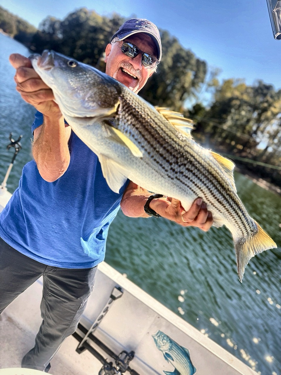 Lake Lanier Striper Fishing Report – October 22, 2026 Returning client displaying a Lake Lanier striped bass caught during fall turnover