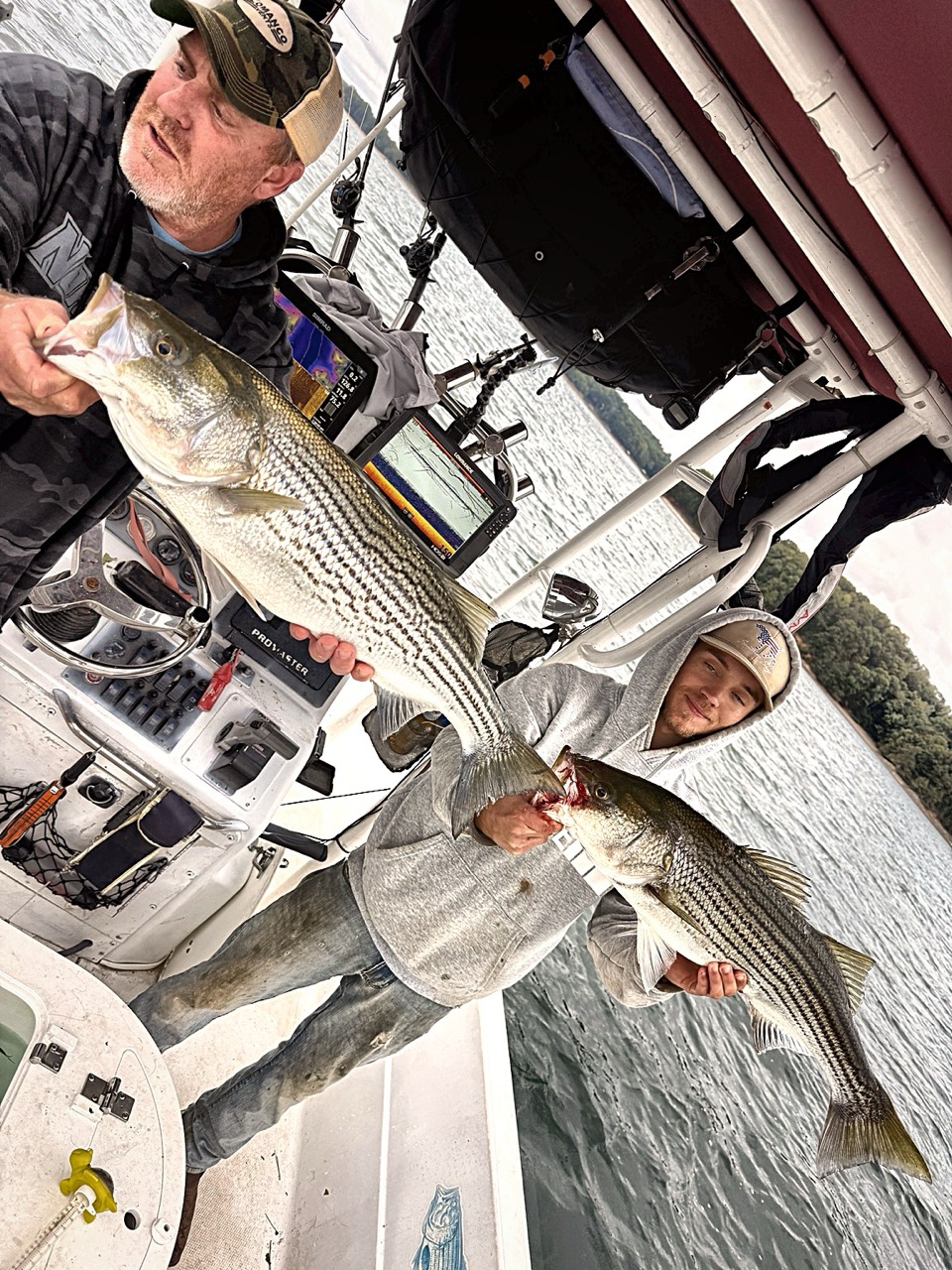 Lake Lanier Striper Fishing Report – October 11, 2026 Lake Lanier anglers holding two striped bass during a double hookup