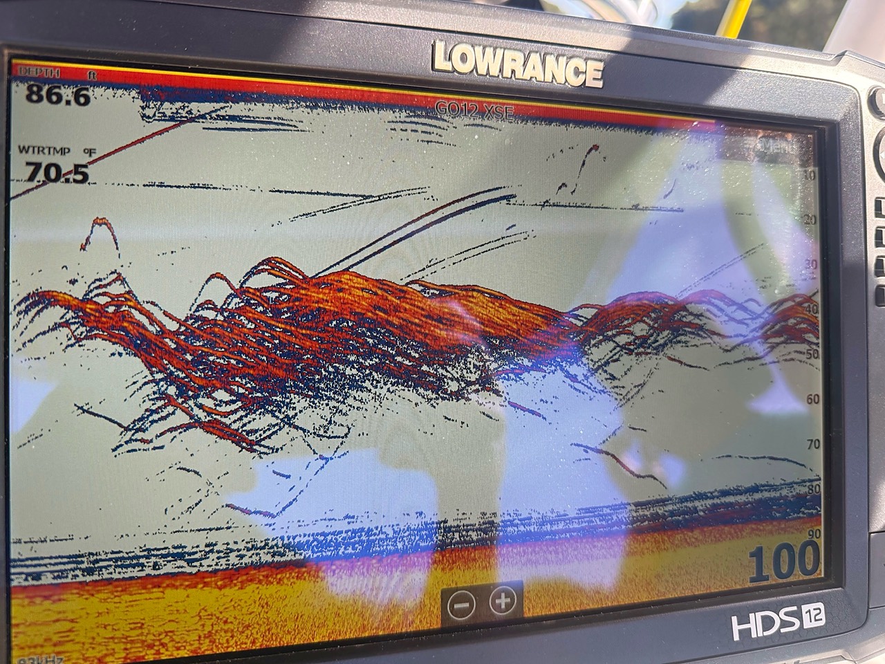 Lowrance sonar showing a large group of Lake Lanier stripers and bait