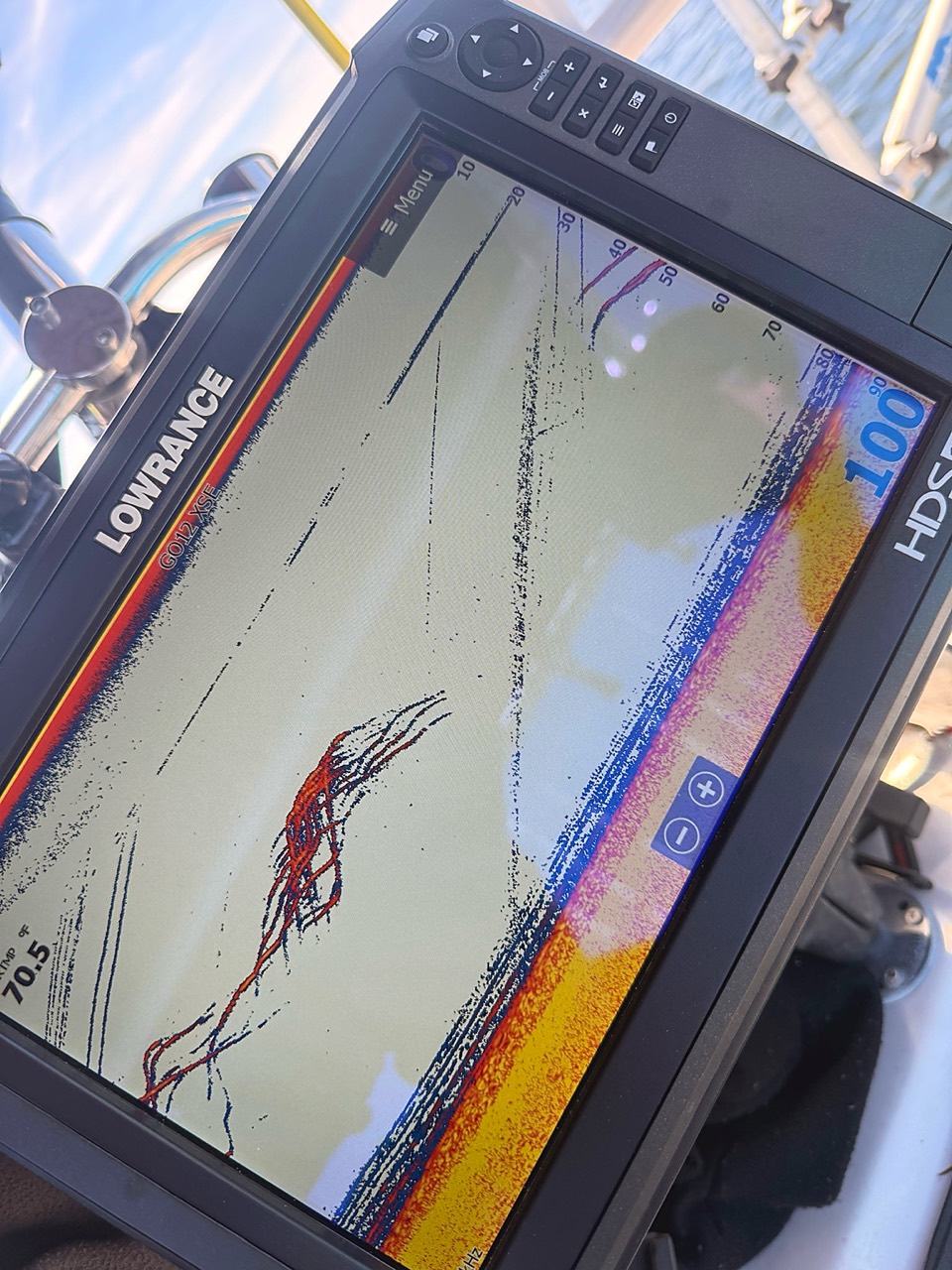 Lowrance sonar marking suspended striped bass during the Lake Lanier fall transition