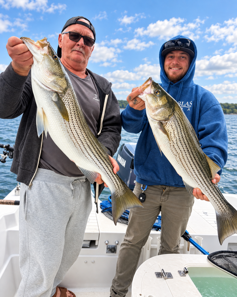 Lake Lanier Fishing Report: Stripers Are Feeding! Two anglers holding large striped bass caught during an October guided fishing trip on Lake Lanier, Georgia, with Lake Lanier Striper Snipers.
