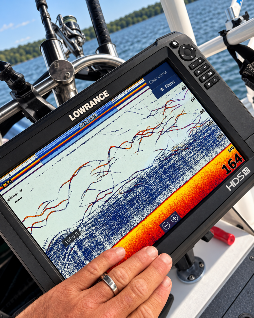 Lake Lanier Fishing Report: Stripers Are Feeding! Lowrance fish finder displaying schools of striped bass suspended in deep water during an October fishing trip on Lake Lanier.